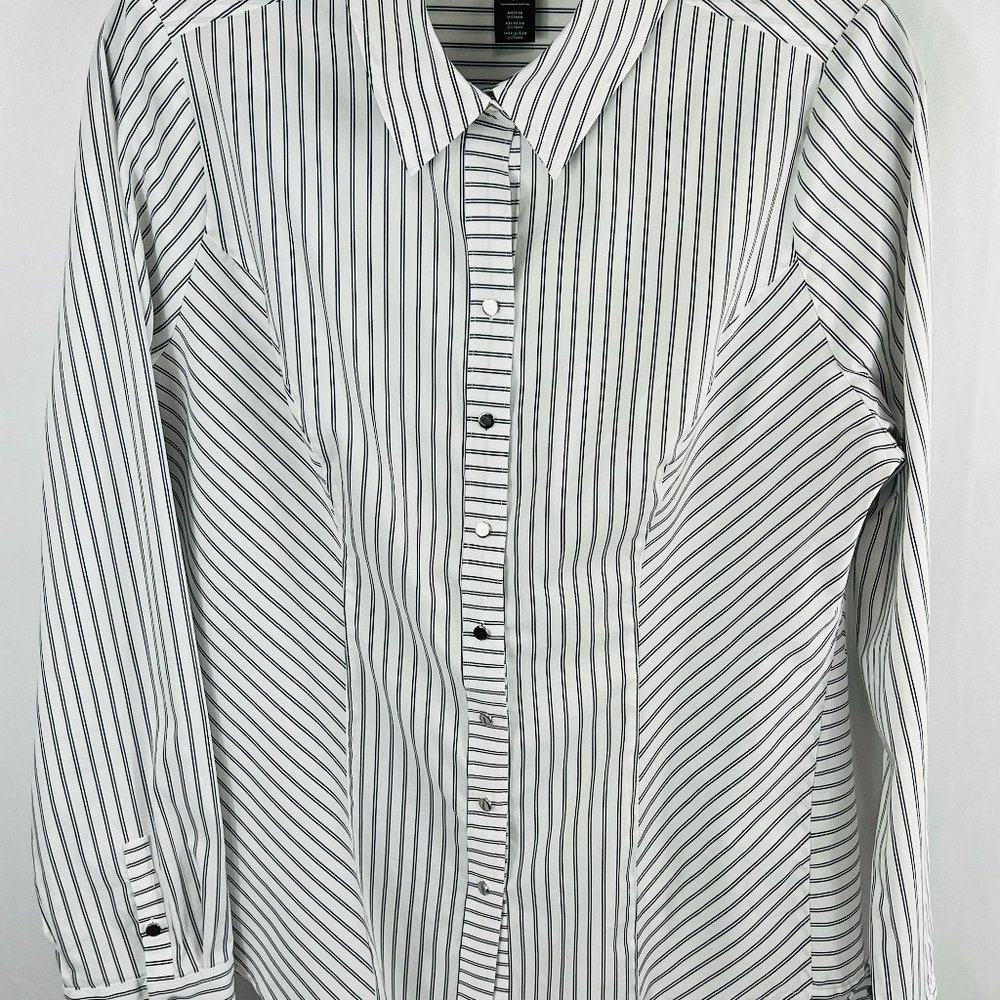 White House Black Market women's black and white stripe shirt. Size 14